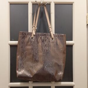 Michael Kors Monogram Bronze Metallic Large Tote 13in x 14in. Some peeling at...